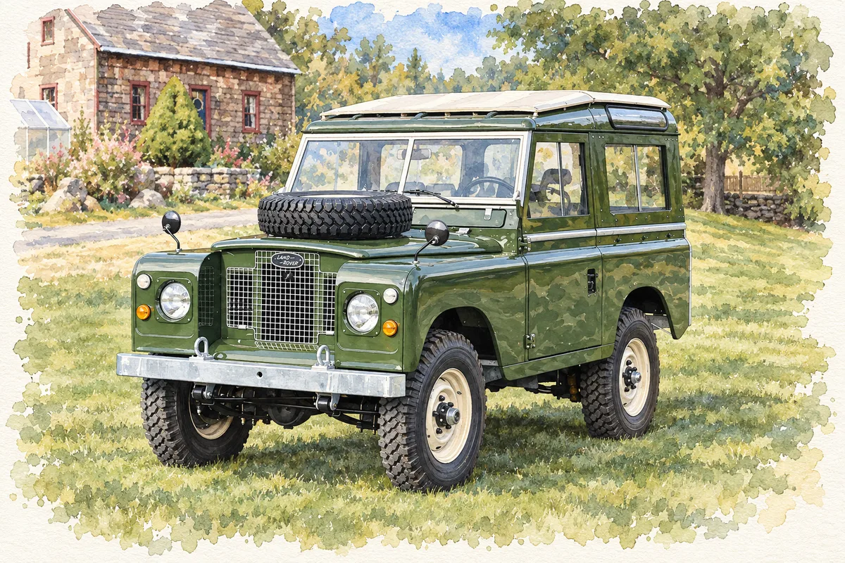 Watercolour: the Land Rover on the lawn by the coach house