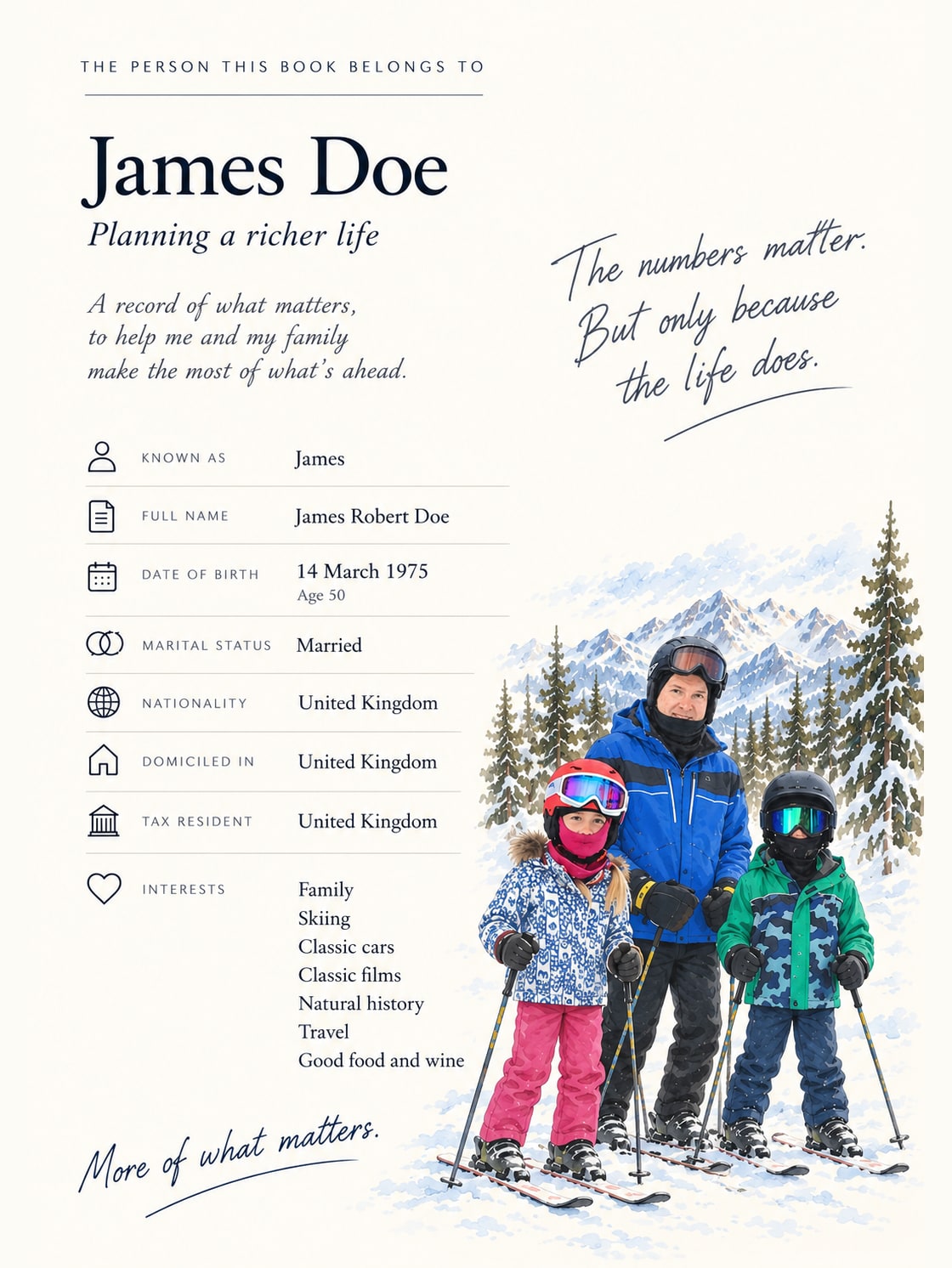 The person this book belongs to: James Doe, planning a richer life — a watercolour of James and his two children on skis in the mountains, the facts of who he is, and in his hand: the numbers matter, but only because the life does