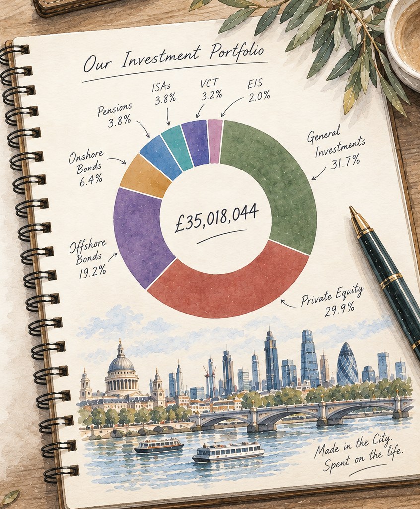 A desk scene, watercolour: on the left a painted panel headed Pensions & investments — what's set aside to pay for the life above, and a table of eight classes with their total; on the right a spiral notebook with a doughnut chart of the portfolio above a London skyline